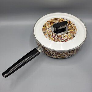 Vintage MCM Prestige Japy Marne Enamel Paisley Floral Sauce Pan w Lid France